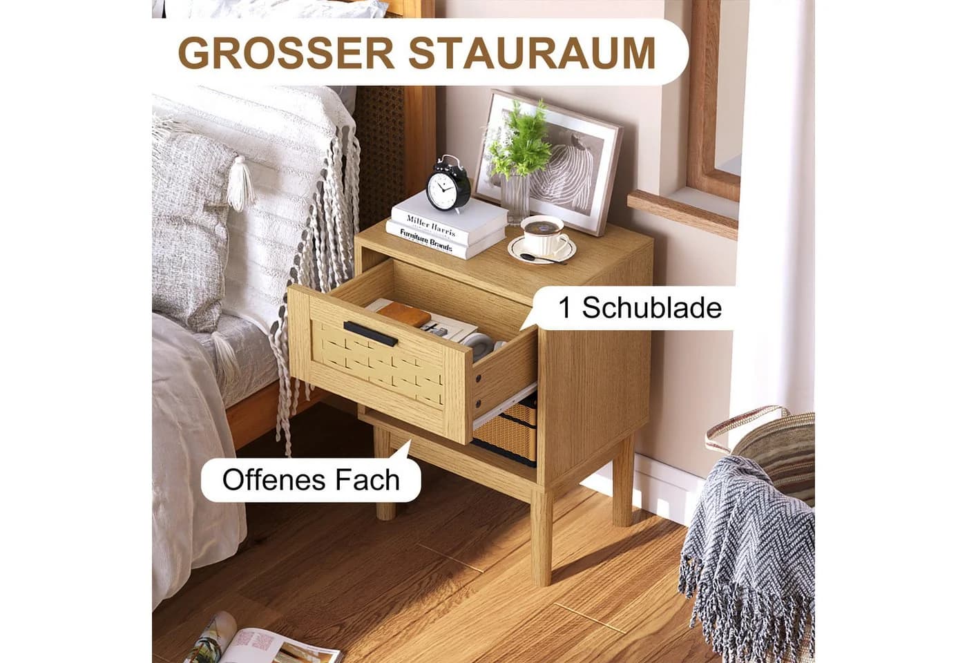 ADWOLT Nachttisch 2er Set Eiche Holz mit Schubladen
