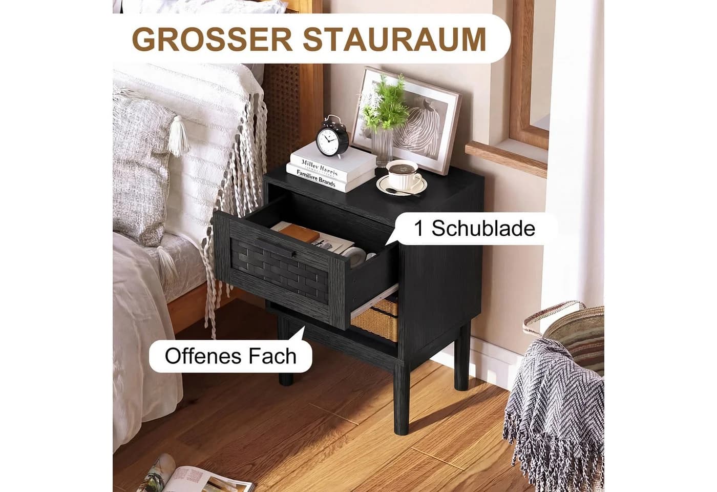 ADWOLT Nachttisch 2er Set Schwarz Holz mit Schubladen