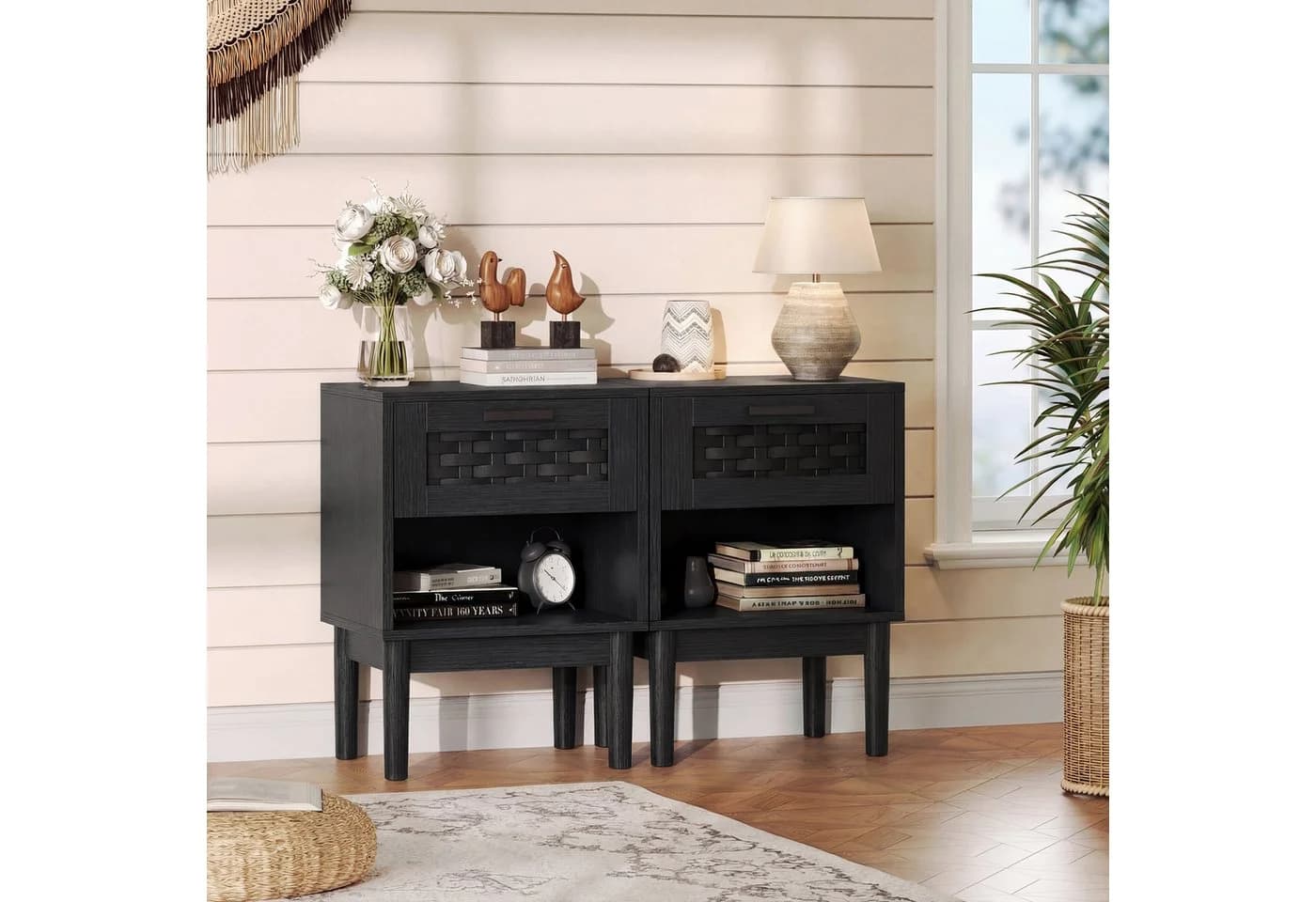 ADWOLT Nachttisch 2er Set Schwarz Holz mit Schubladen - Bild 2