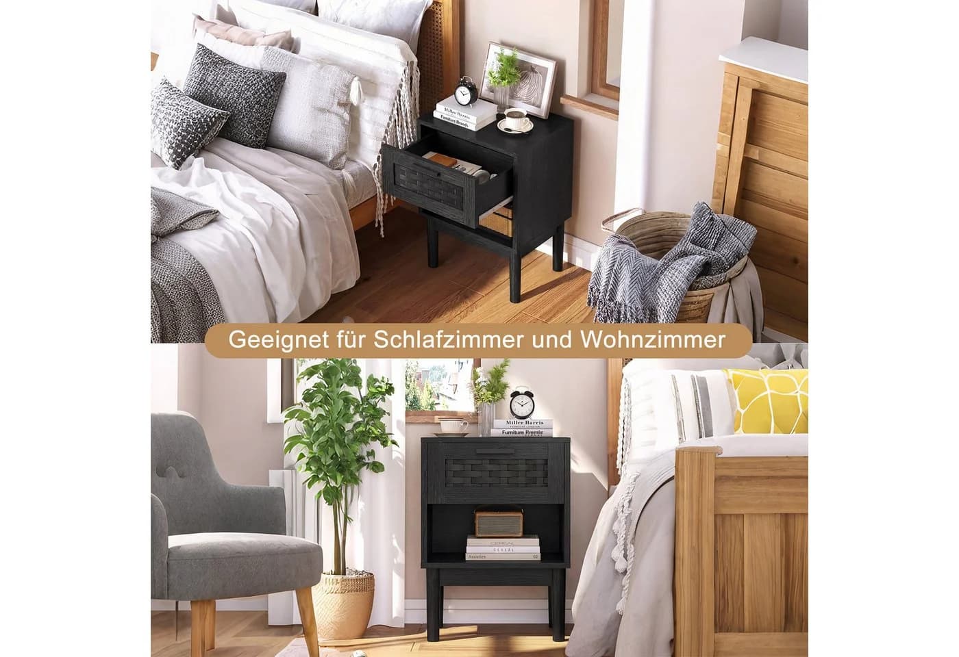 ADWOLT Nachttisch 2er Set Schwarz Holz mit Schubladen - Bild 3