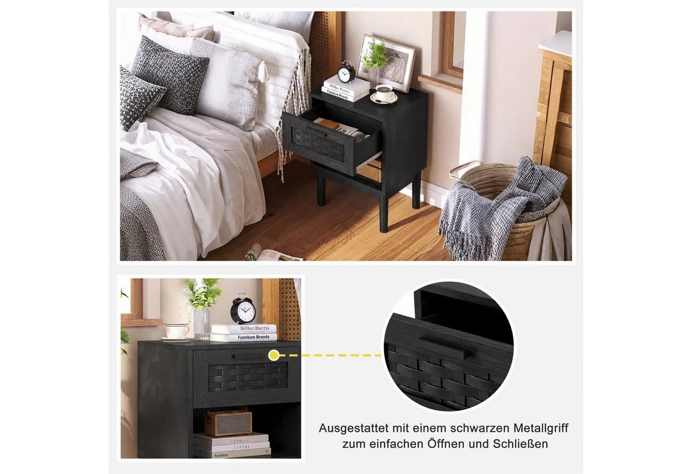 ADWOLT Nachttisch 2er Set Schwarz Holz mit Schubladen - Bild 4
