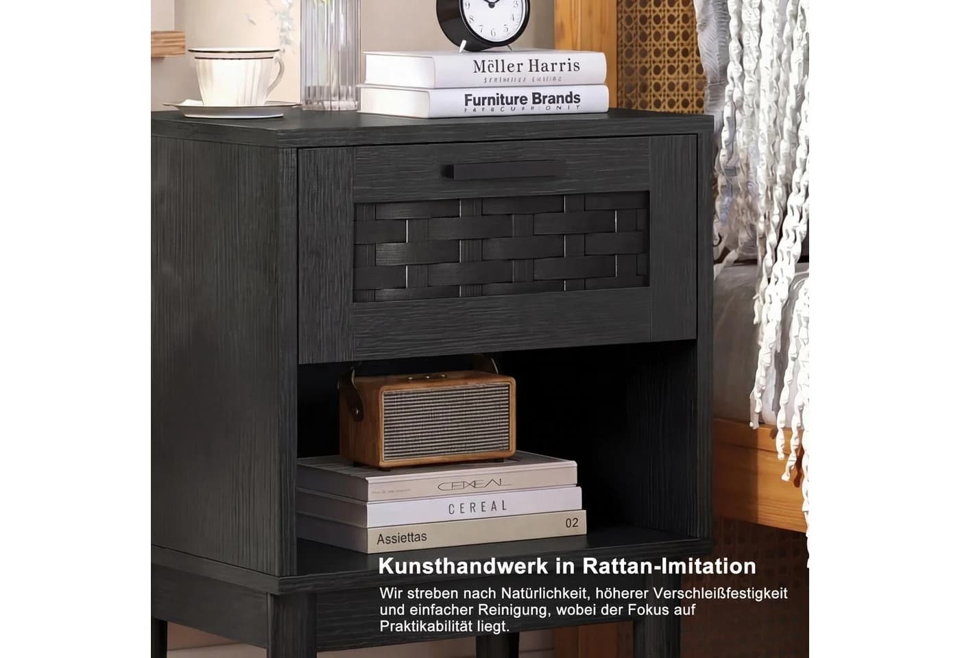 ADWOLT Nachttisch 2er Set Schwarz Holz mit Schubladen - Bild 5