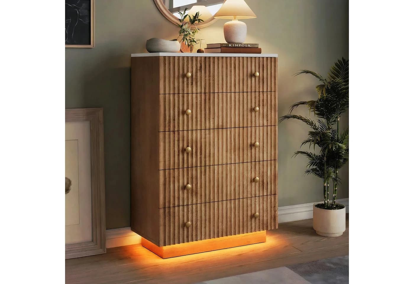 ADWOLT Sideboard Kommode mit 5 Schubladen und LED-Beleuchtung Natur