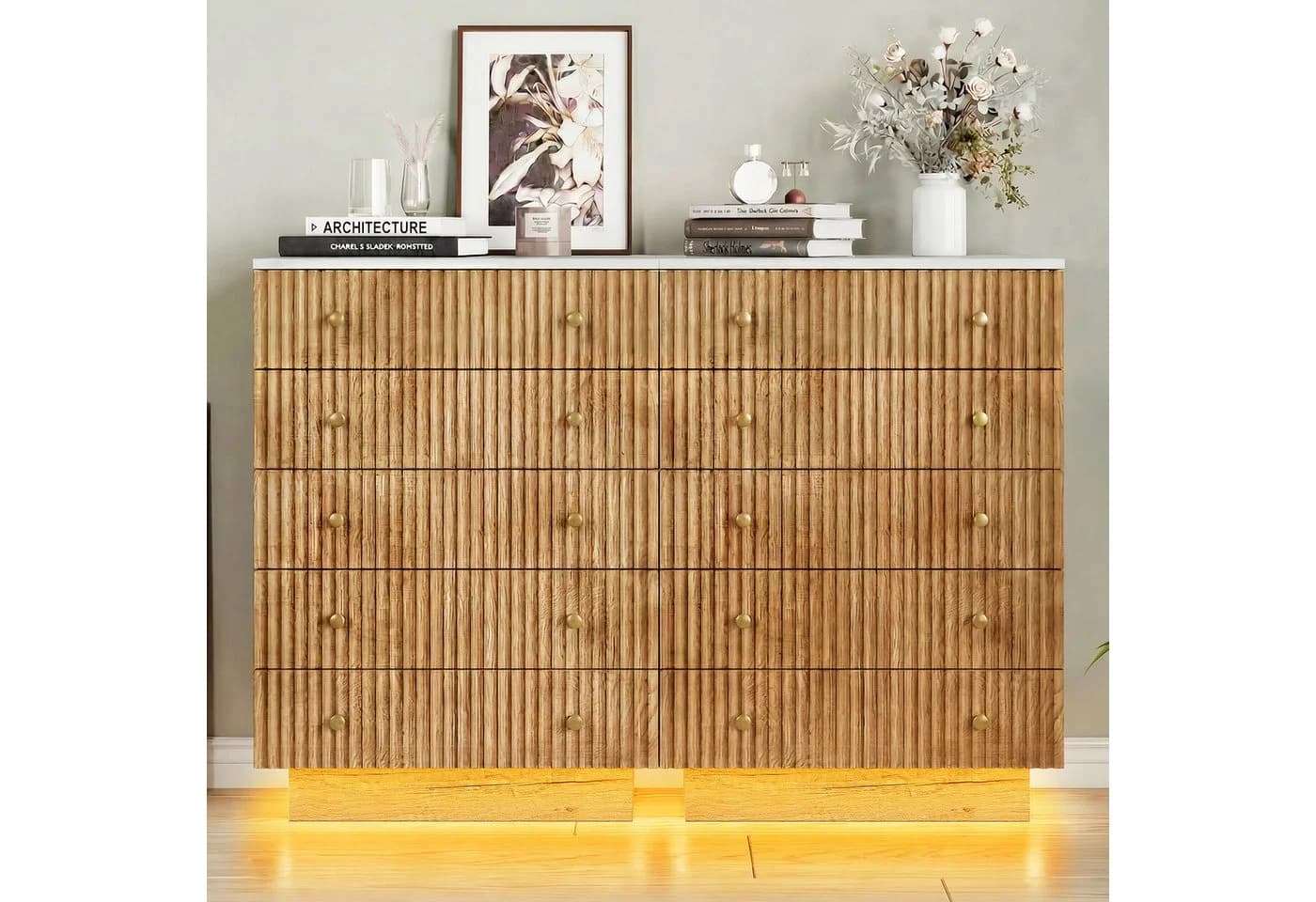 ADWOLT Sideboard Kommode mit 5 Schubladen und LED-Beleuchtung Natur - Bild 3