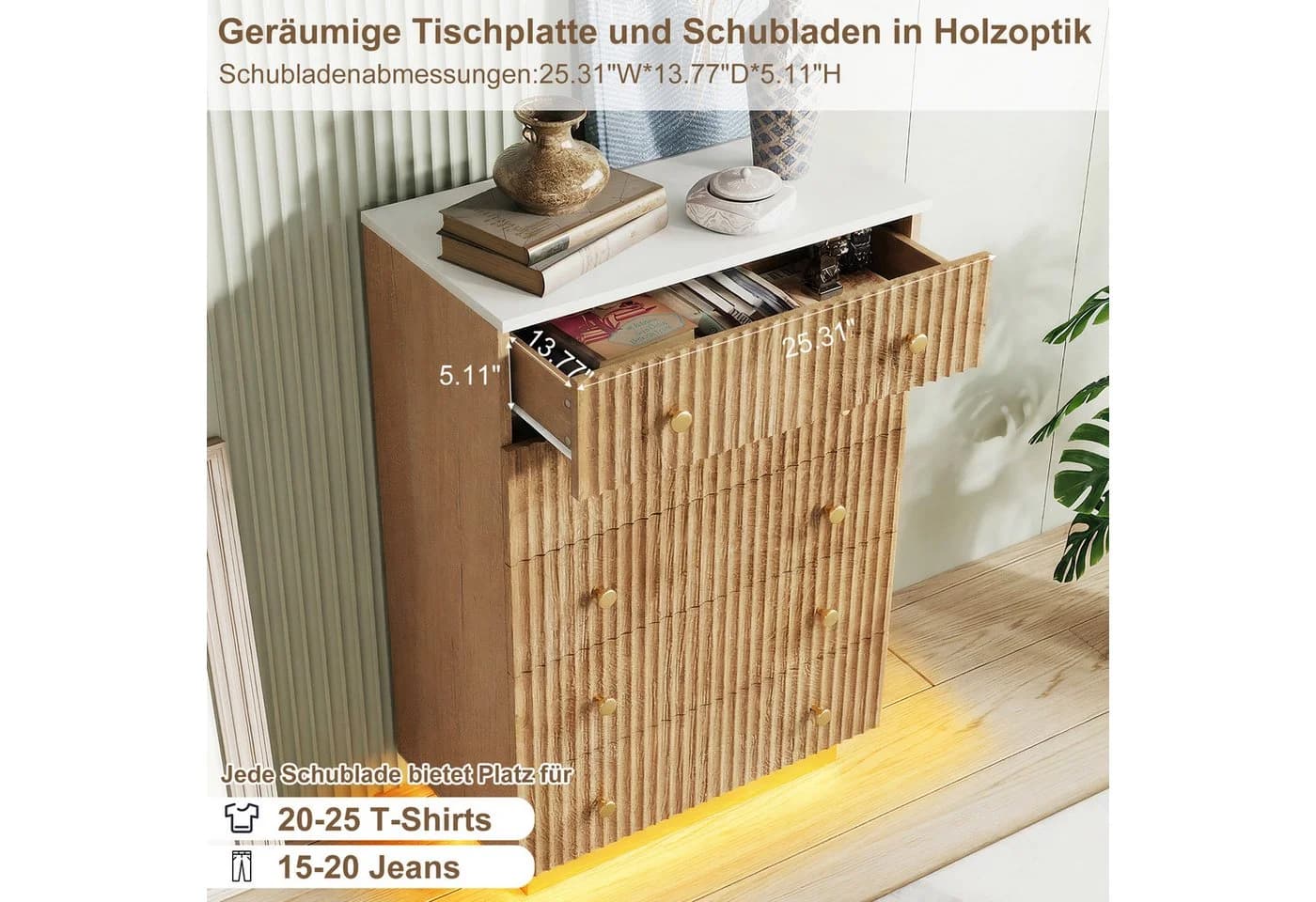 ADWOLT Sideboard Kommode mit 5 Schubladen und LED-Beleuchtung Natur - Bild 4