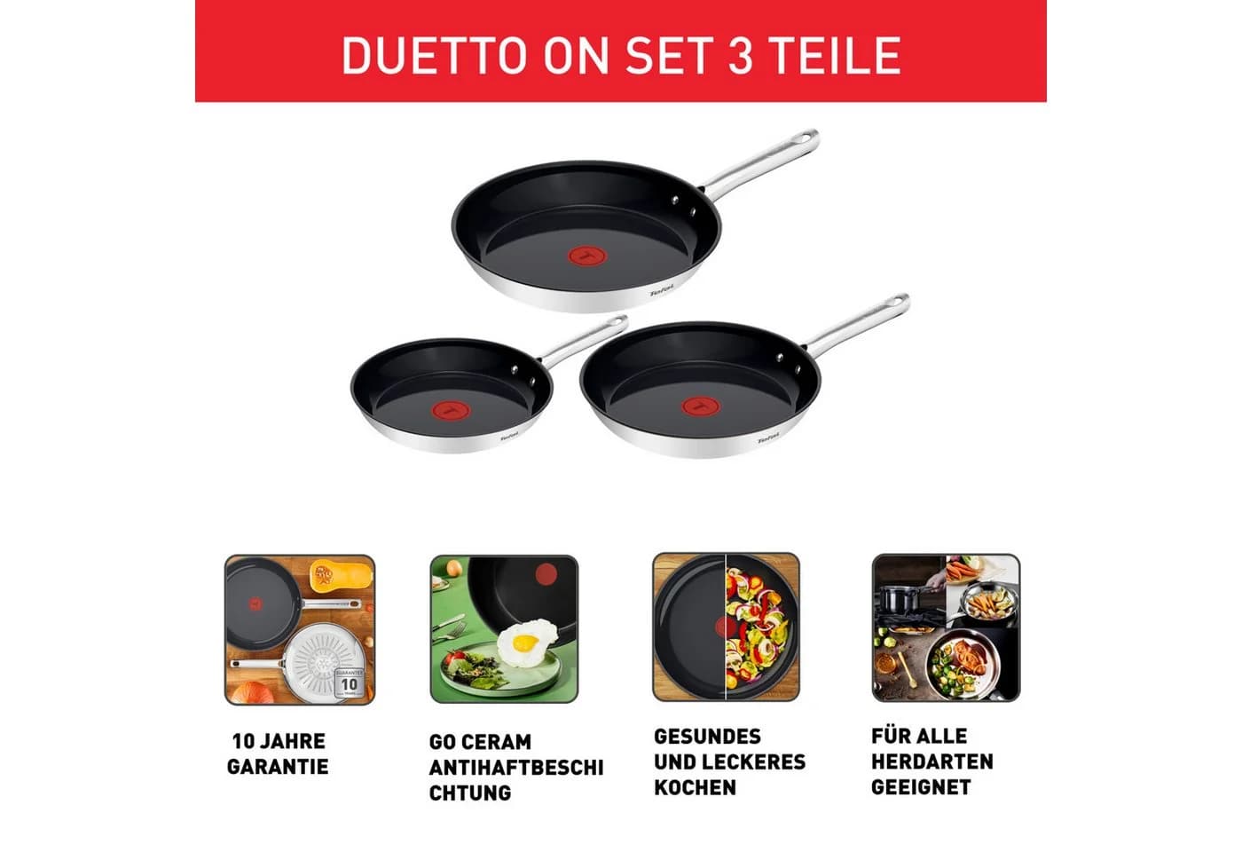 TEFAL Pfannen-Set Duetto On Edelstahl Schwarz Antihaftbeschichtung Induktion