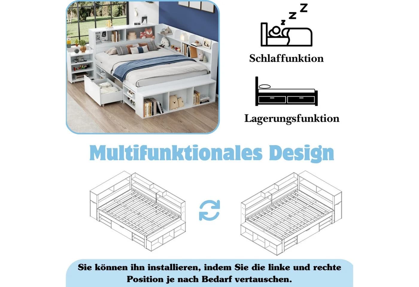 i@home Stauraumbett Weiß mit Regal & Schubladen Multifunktion - Bild 4