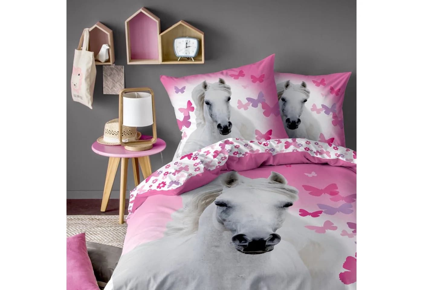 MTOnlinehandel Bettwäsche 135x200 + 80x80 cm Renforcé Pferde-Motiv Rosa - Bild 2