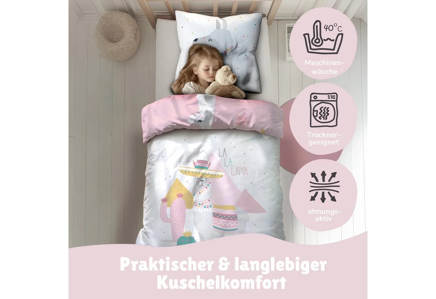 Familando Kinderbettwäsche Lama Alpaka Set 135x200 80x80 cm Baumwolle Rosa - Bild 3
