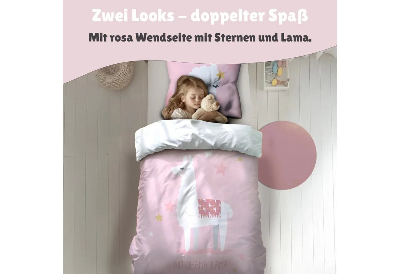 Familando Kinderbettwäsche Lama Alpaka Set 135x200 80x80 cm Baumwolle Rosa - Bild 4