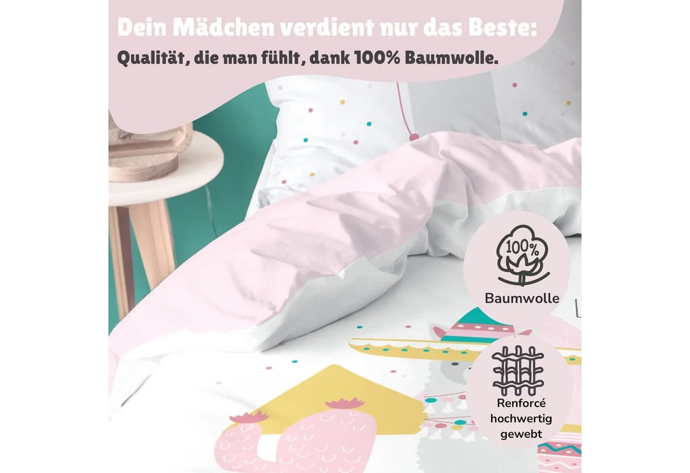 Familando Kinderbettwäsche Lama Alpaka Set 135x200 80x80 cm Baumwolle Rosa - Bild 5