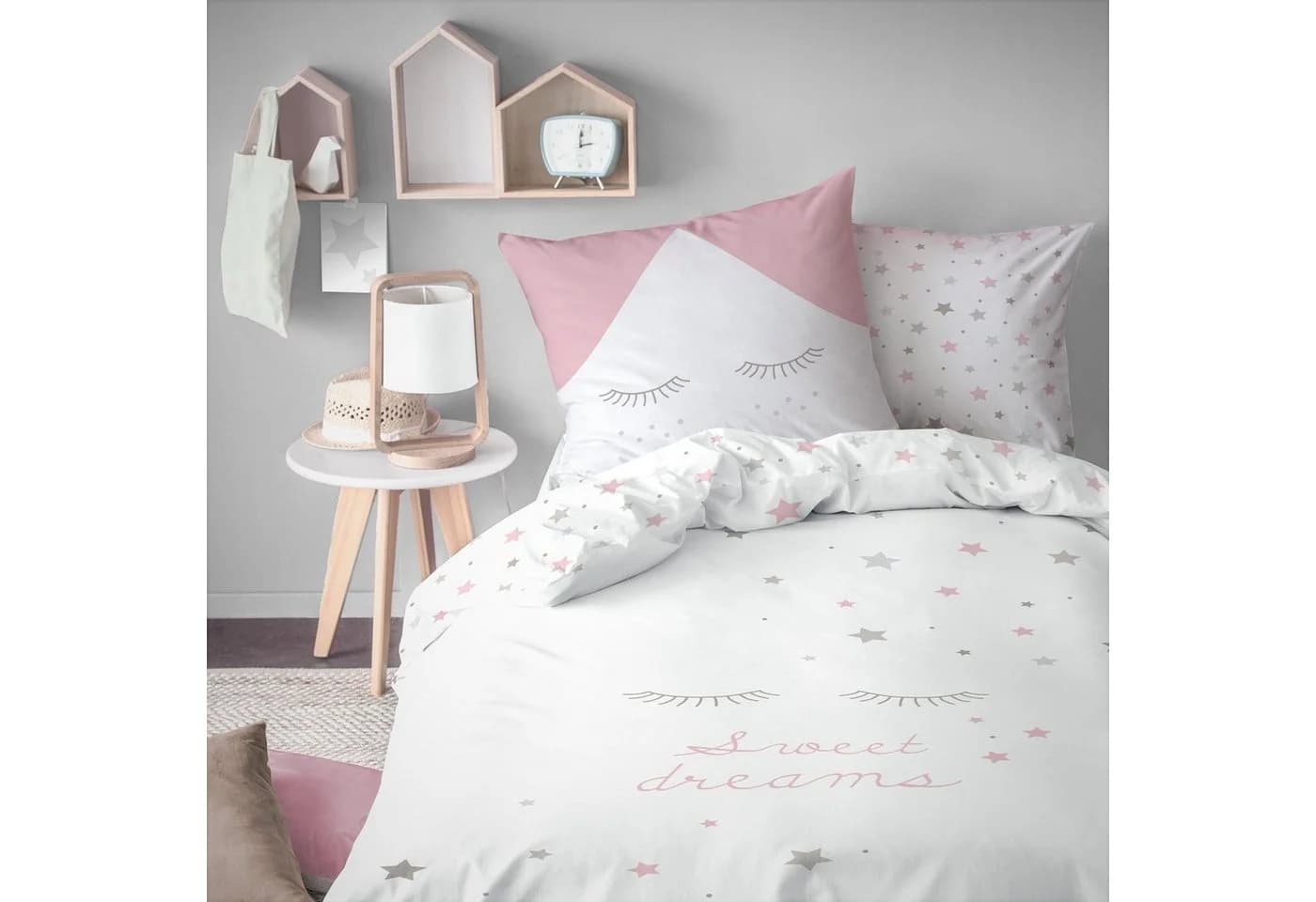 MTOnlinehandel Bettwäsche Sweet Dreams Rosa Grau Sterne Wimpern