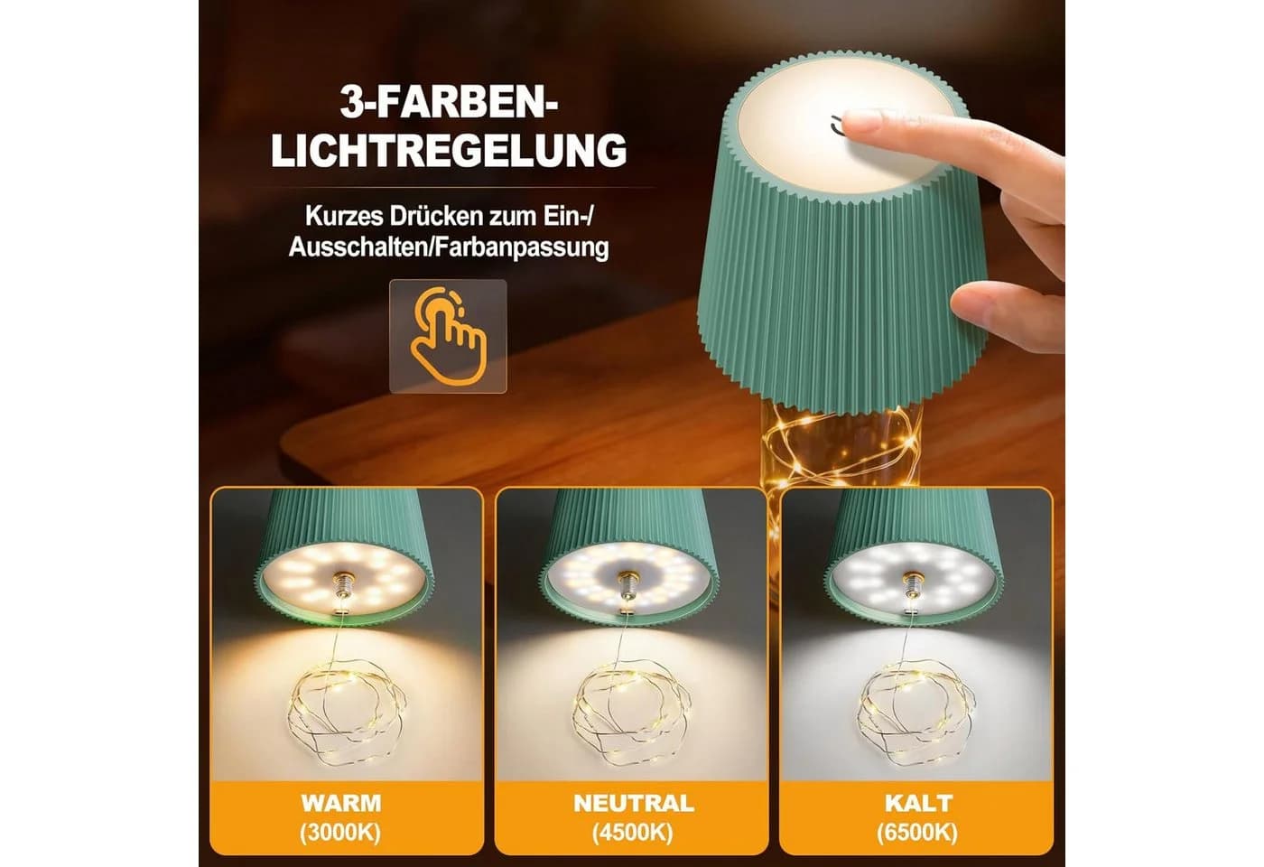 LaCute LED Flaschenlampe Grün mit Lichterkette, Touch Dimmbar, USB-C Akku