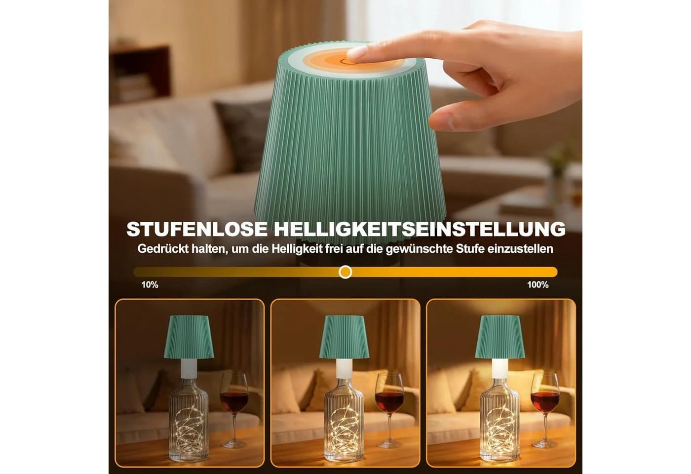 LaCute LED Flaschenlampe Grün mit Lichterkette, Touch Dimmbar, USB-C Akku - Bild 3