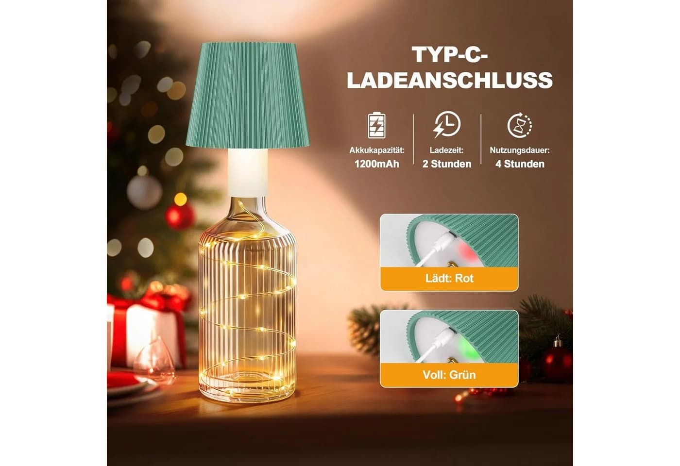 LaCute LED Flaschenlampe Grün mit Lichterkette, Touch Dimmbar, USB-C Akku - Bild 4