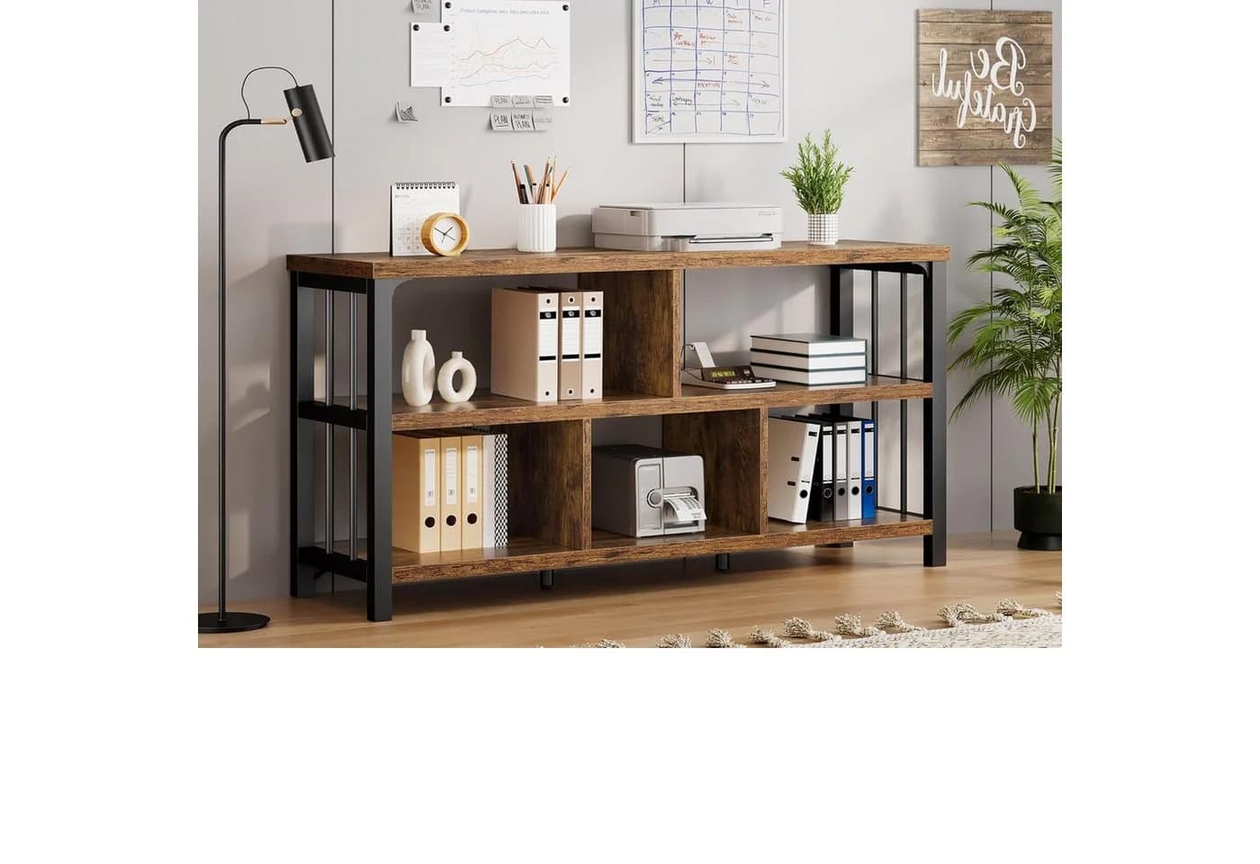 mukuhi Regal 3 Ebenen Sideboard Metall Holz Industrial Schwarz Rustik Eiche - Bild 4