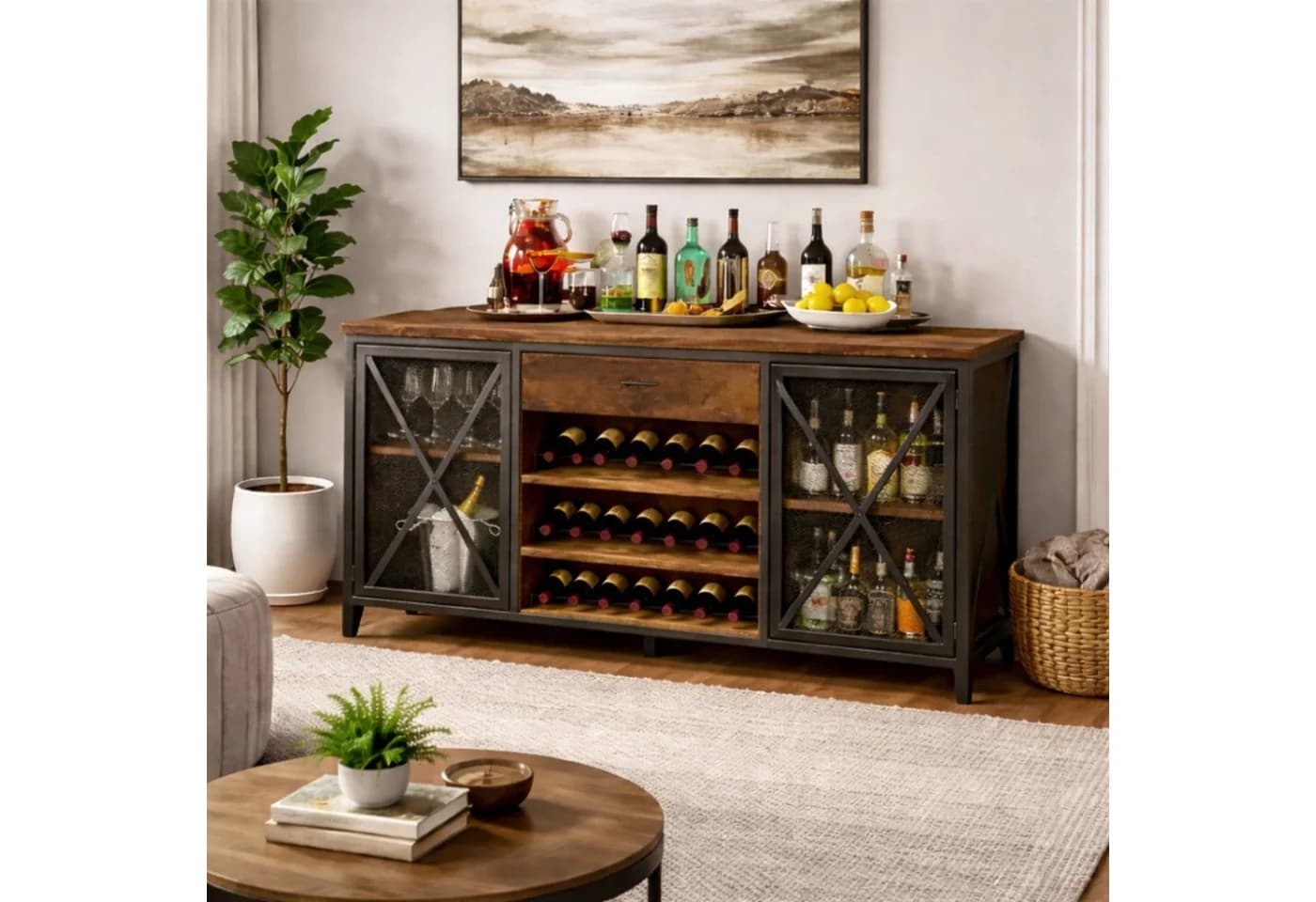 mukuhi Barschrank Industrial mit Weinregal Holz Metall