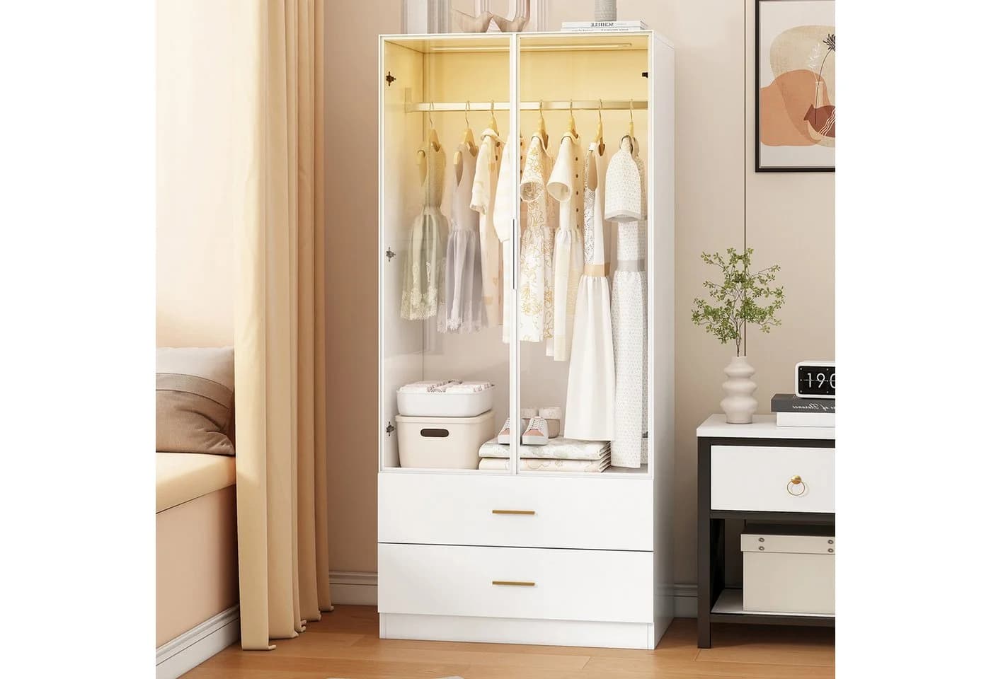 FUROKOY Kleiderschrank Weiß mit 2 Schubladen und Glastüren - Bild 2