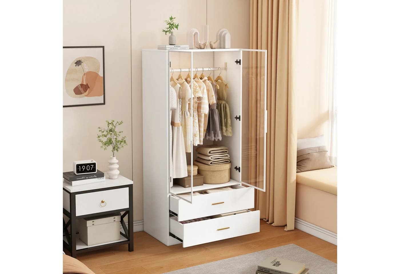 FUROKOY Kleiderschrank Weiß mit 2 Schubladen und Glastüren - Bild 3
