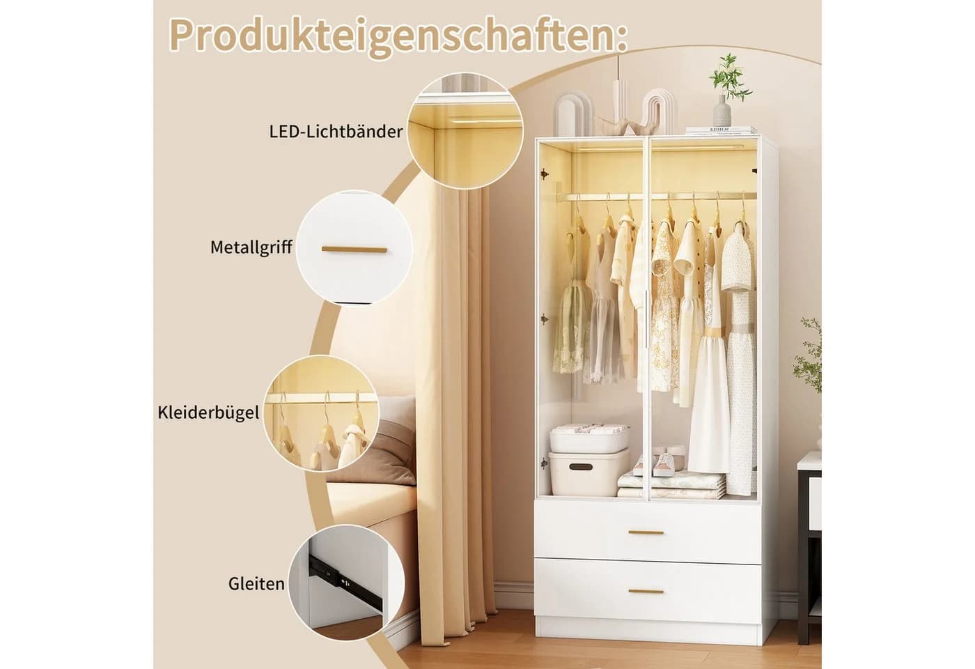 FUROKOY Kleiderschrank Weiß mit 2 Schubladen und Glastüren - Bild 4