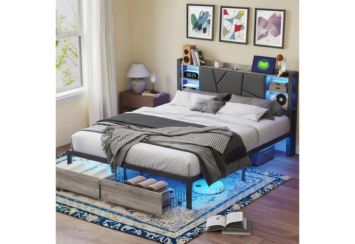 ADWOLT Polsterbett 140x200 Grau mit Stauraum, LED & USB - Bild 2
