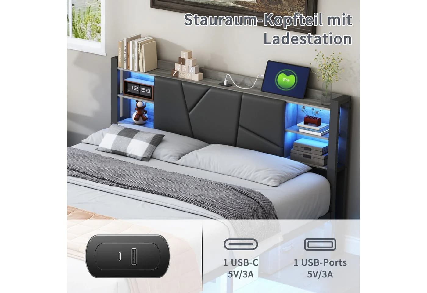 ADWOLT Polsterbett 140x200 Grau mit Stauraum, LED & USB - Bild 5