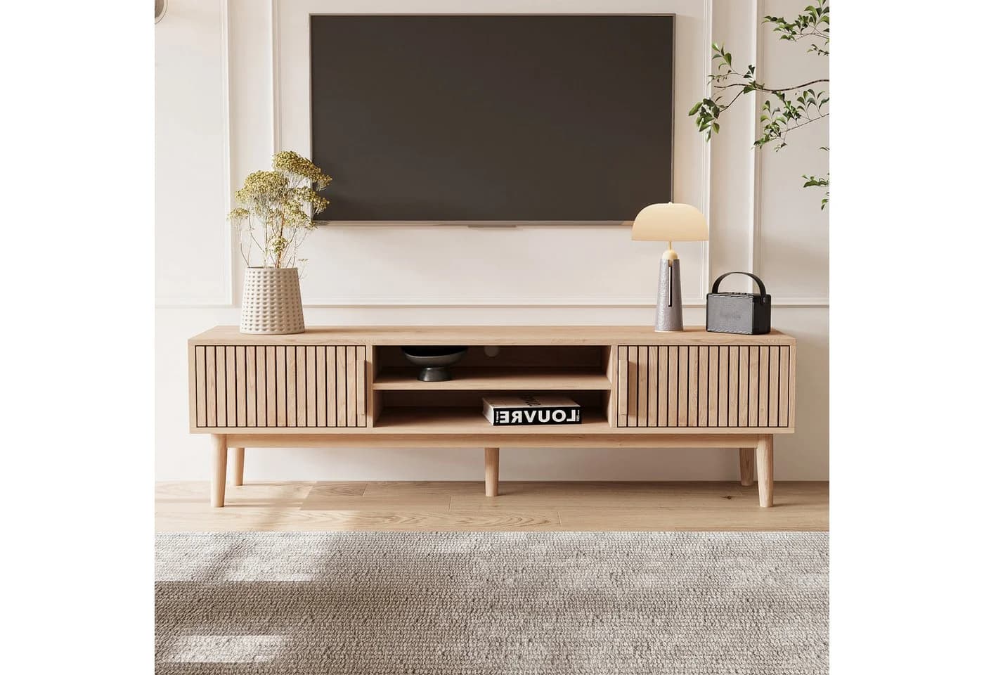 FUROKOY Lowboard aus Rattan, Wohnzimmertisch, Couchtisch, TV-Schrank 2 Türen, 2 Ablagen, 150 cm - Bild 2