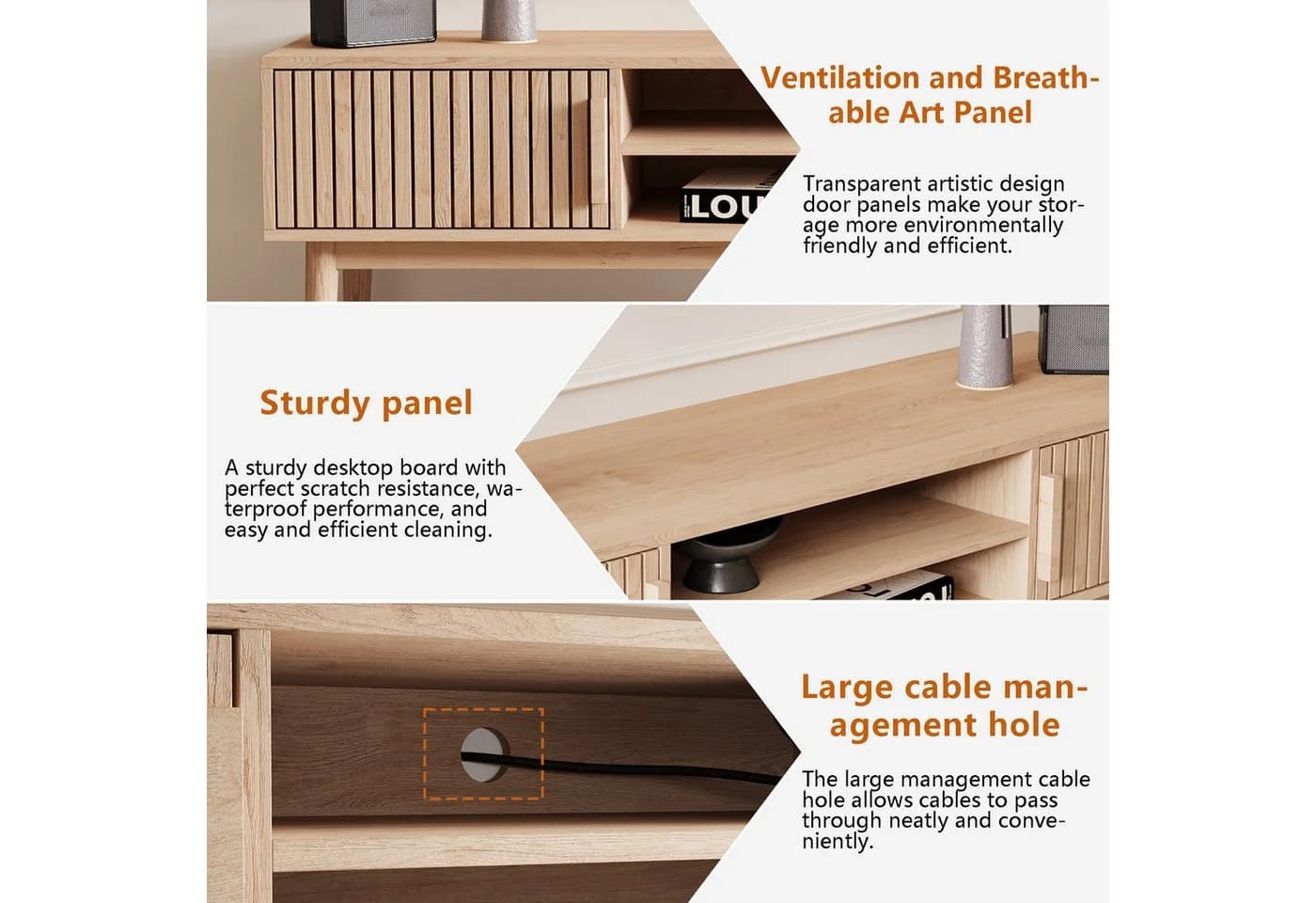 FUROKOY Lowboard aus Rattan, Wohnzimmertisch, Couchtisch, TV-Schrank 2 Türen, 2 Ablagen, 150 cm - Bild 4