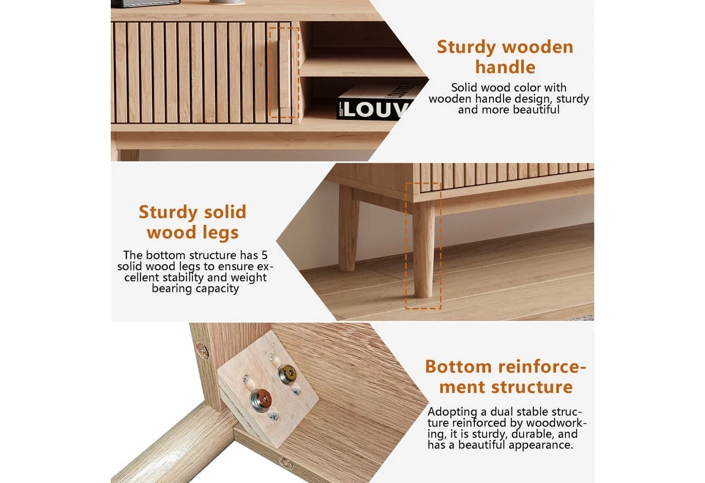 FUROKOY Lowboard aus Rattan, Wohnzimmertisch, Couchtisch, TV-Schrank 2 Türen, 2 Ablagen, 150 cm - Bild 5