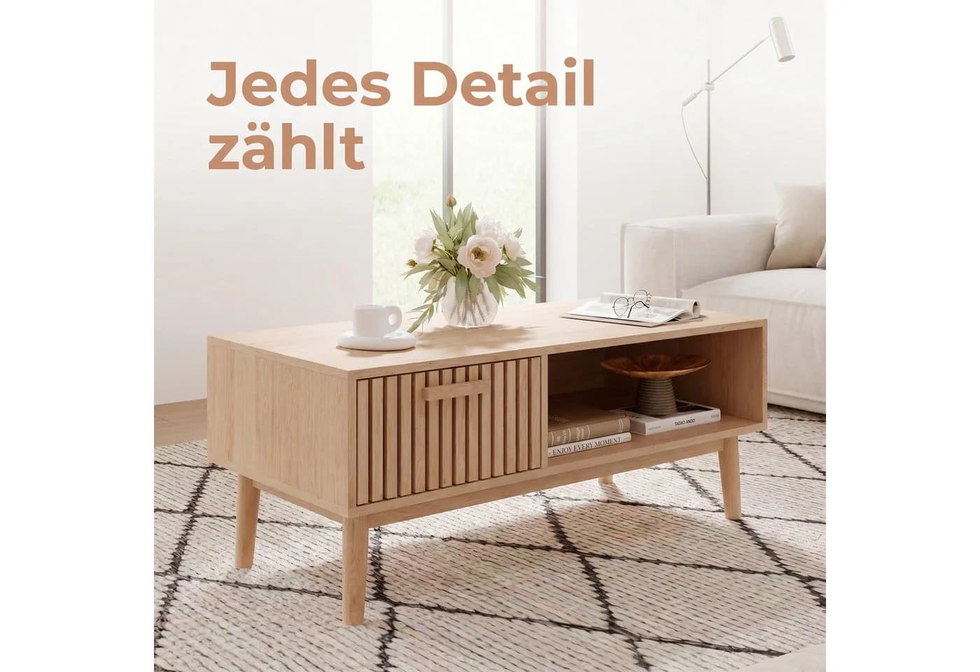 FUROKOY Lowboard aus Rattan, Wohnzimmertisch, Couchtisch aus Holz, mit Schublade