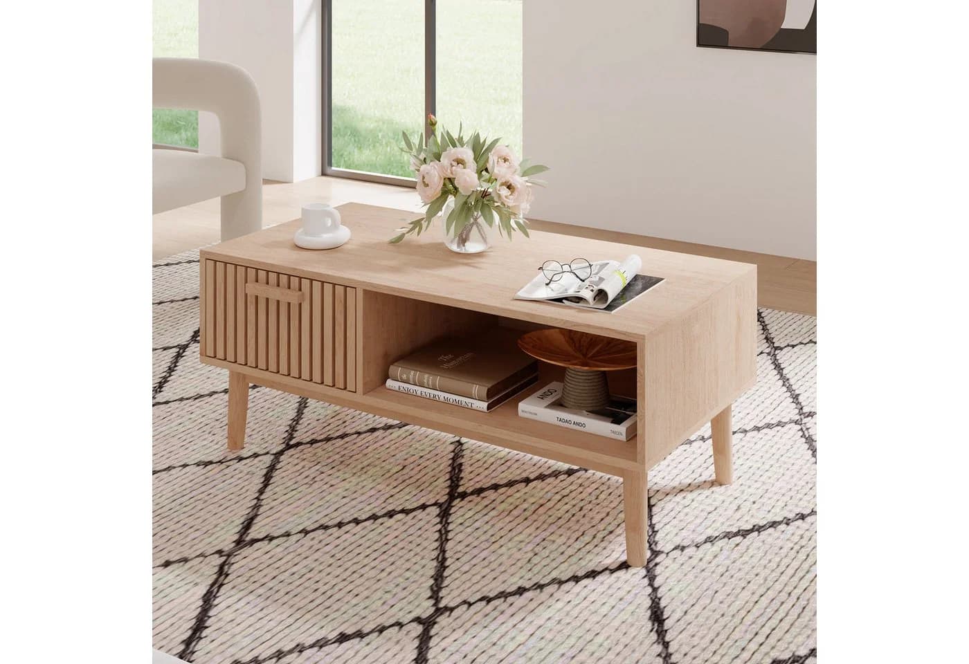 FUROKOY Lowboard aus Rattan, Wohnzimmertisch, Couchtisch aus Holz, mit Schublade - Bild 2