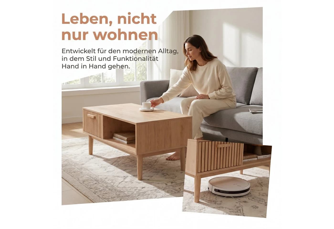 FUROKOY Lowboard aus Rattan, Wohnzimmertisch, Couchtisch aus Holz, mit Schublade - Bild 3