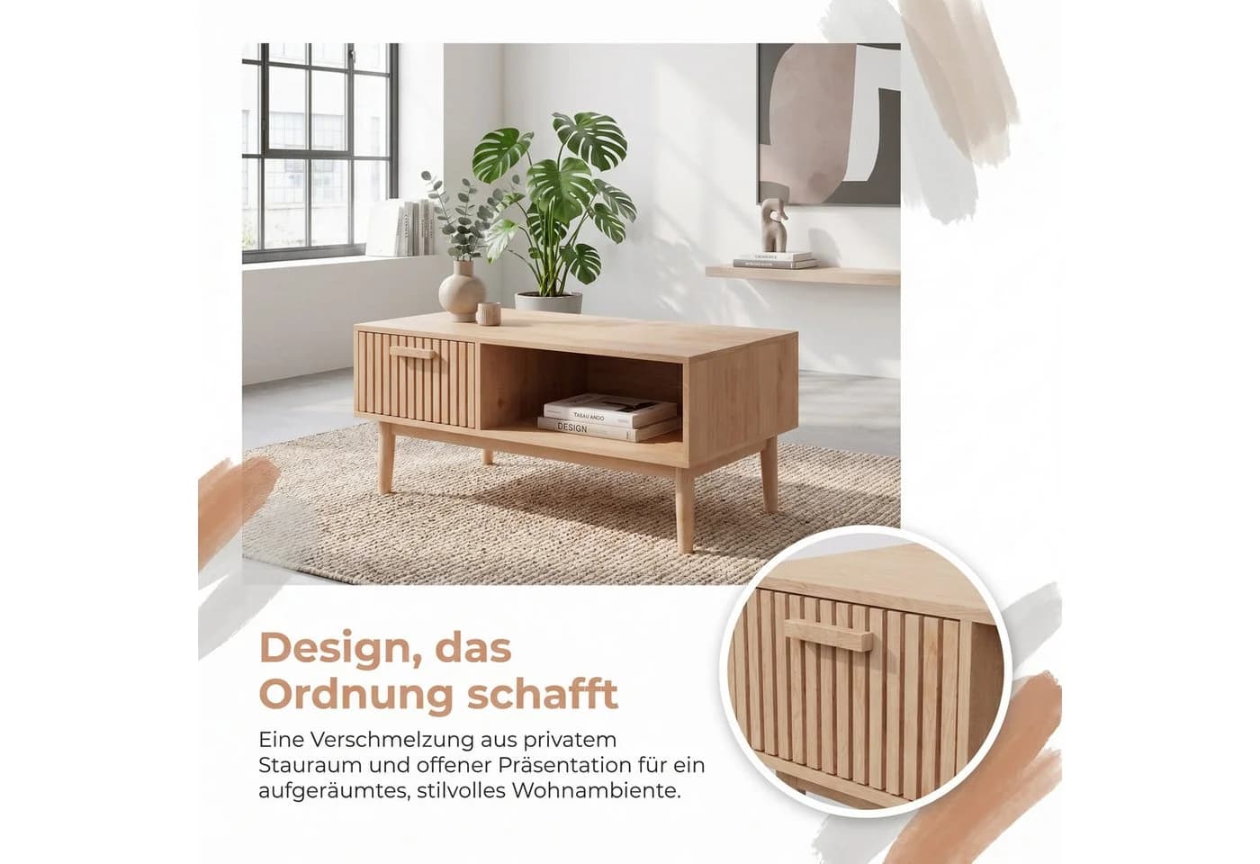 FUROKOY Lowboard aus Rattan, Wohnzimmertisch, Couchtisch aus Holz, mit Schublade - Bild 4