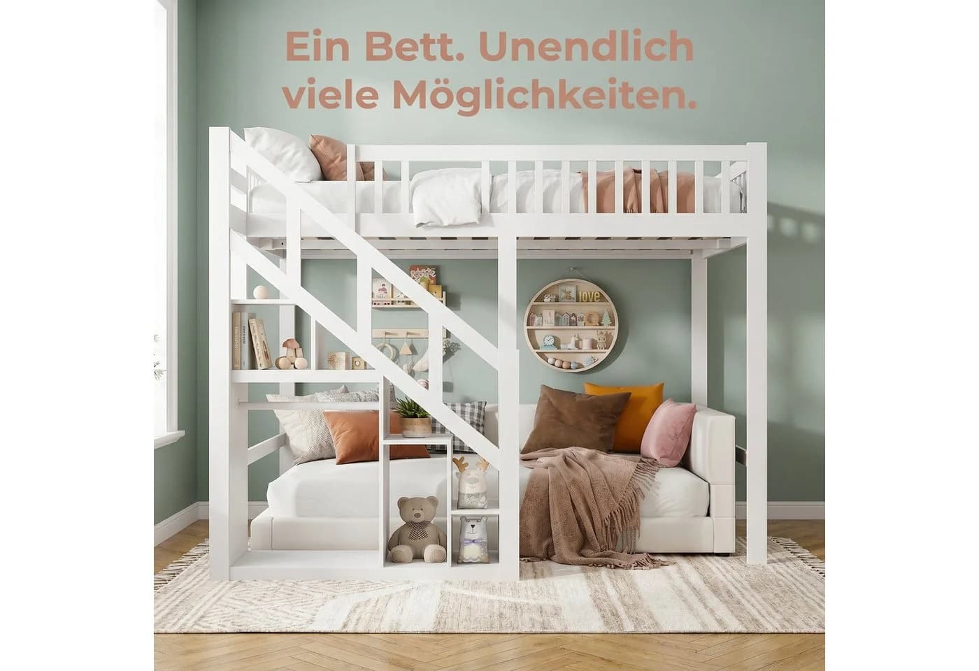 FUROKOY Hochbett mit Treppe und Ablagefächern Weiß Kiefernholz