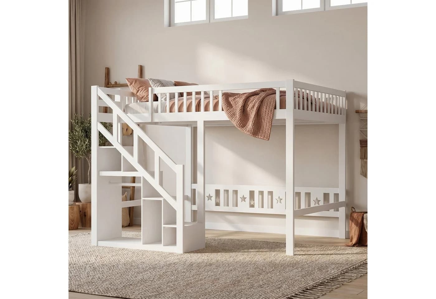 FUROKOY Hochbett mit Treppe und Ablagefächern Weiß Kiefernholz - Bild 2