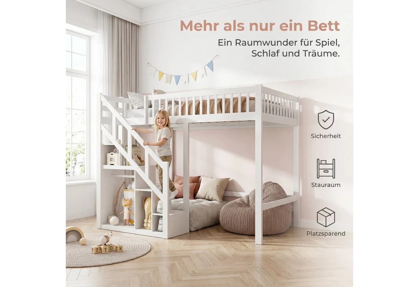 FUROKOY Hochbett mit Treppe und Ablagefächern Weiß Kiefernholz - Bild 4