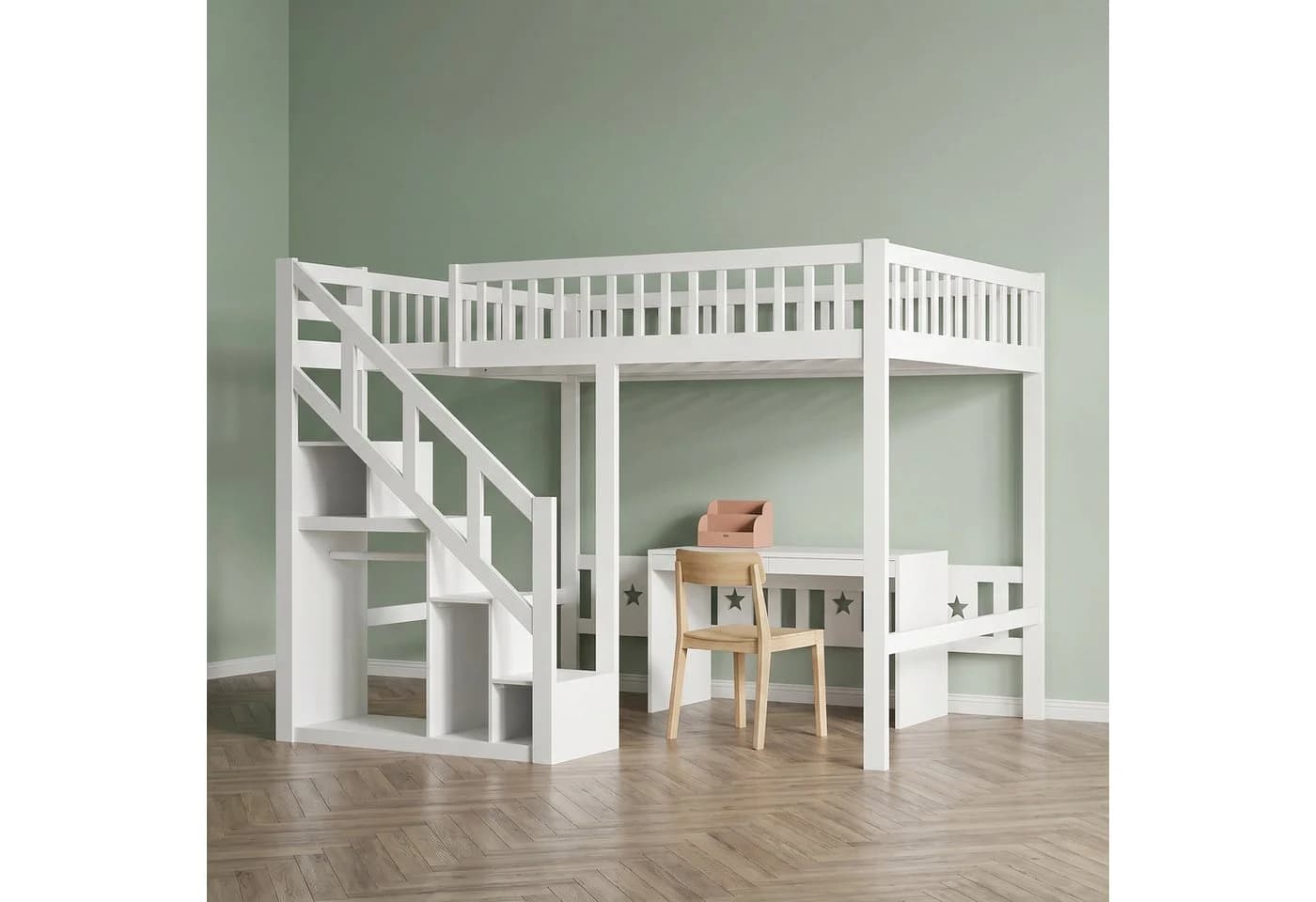 FUROKOY Hochbett mit Treppe und Ablagefächern Weiß Kiefernholz - Bild 5