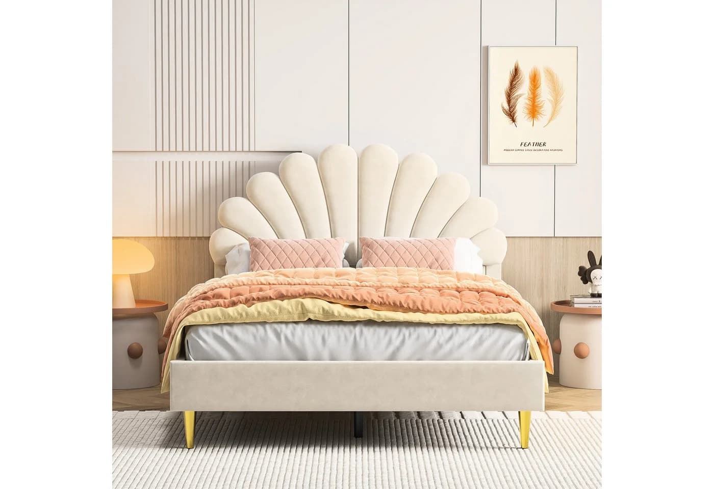 FUROKOY Polsterbett 140x200cm Doppelbett Beige Blütenblattform