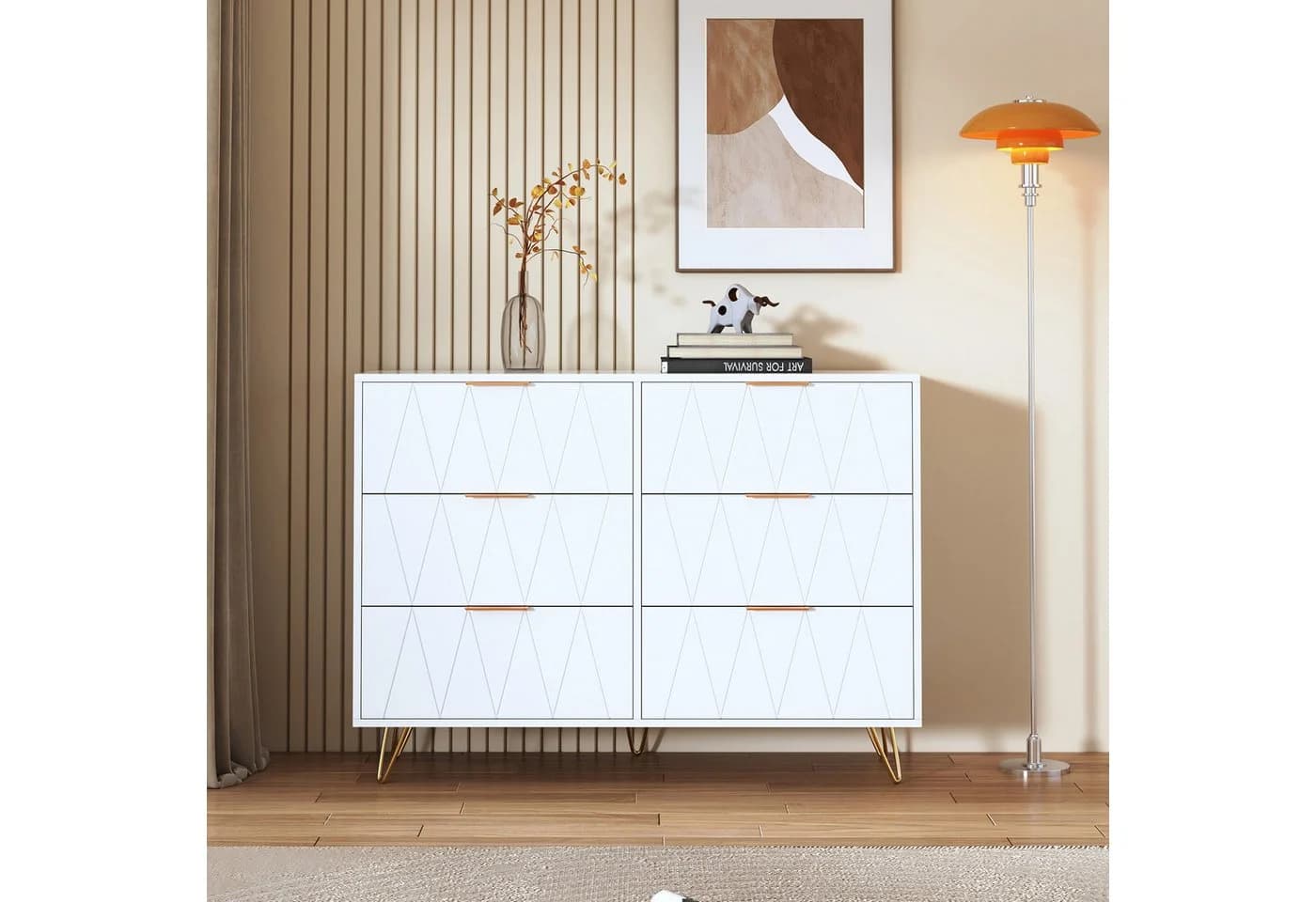 FUROKOY Kommode mit 6 Schubladen Weiß Gold