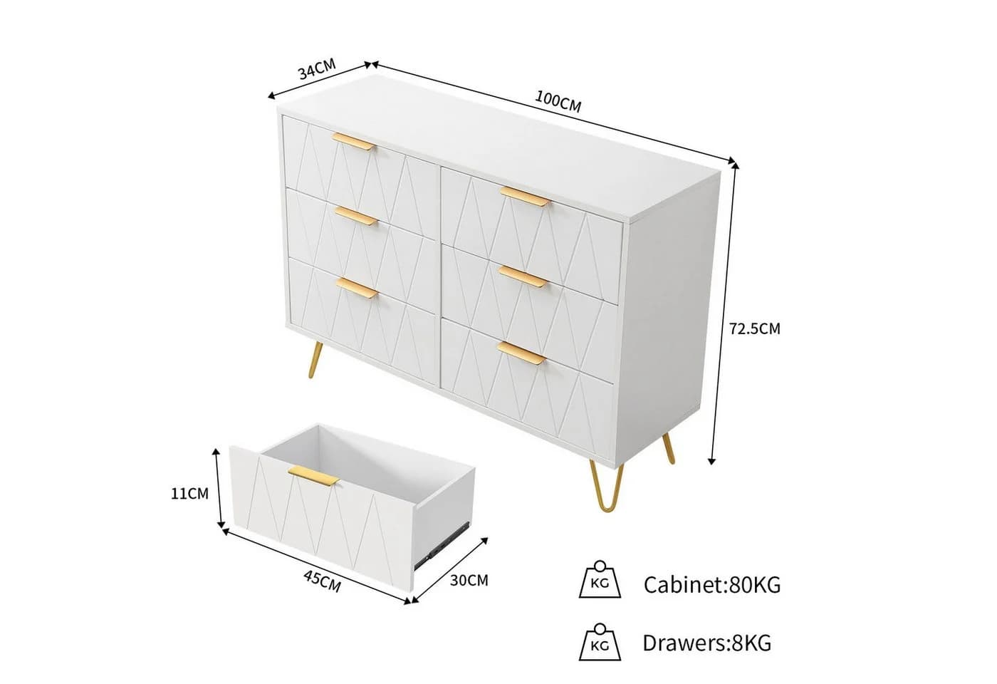 FUROKOY Kommode mit 6 Schubladen Weiß Gold - Bild 5