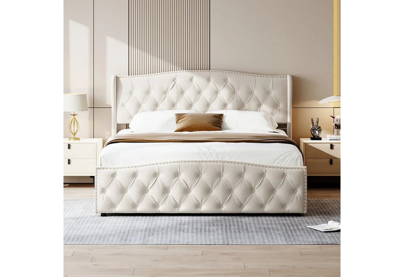 FUROKOY Stauraumbett Beige Samt mit Lattenrost