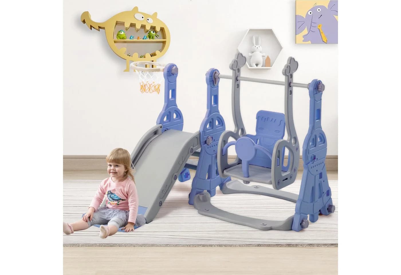 FUROKOY 4-in-1 Kinderrutsche mit Schaukel und Klettergerüst Blau