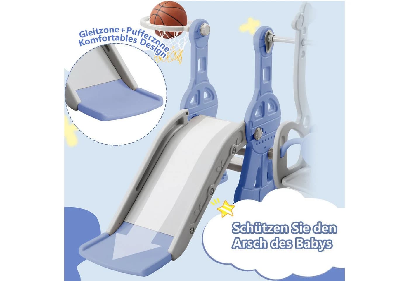 FUROKOY 4-in-1 Kinderrutsche mit Schaukel und Klettergerüst Blau - Bild 4