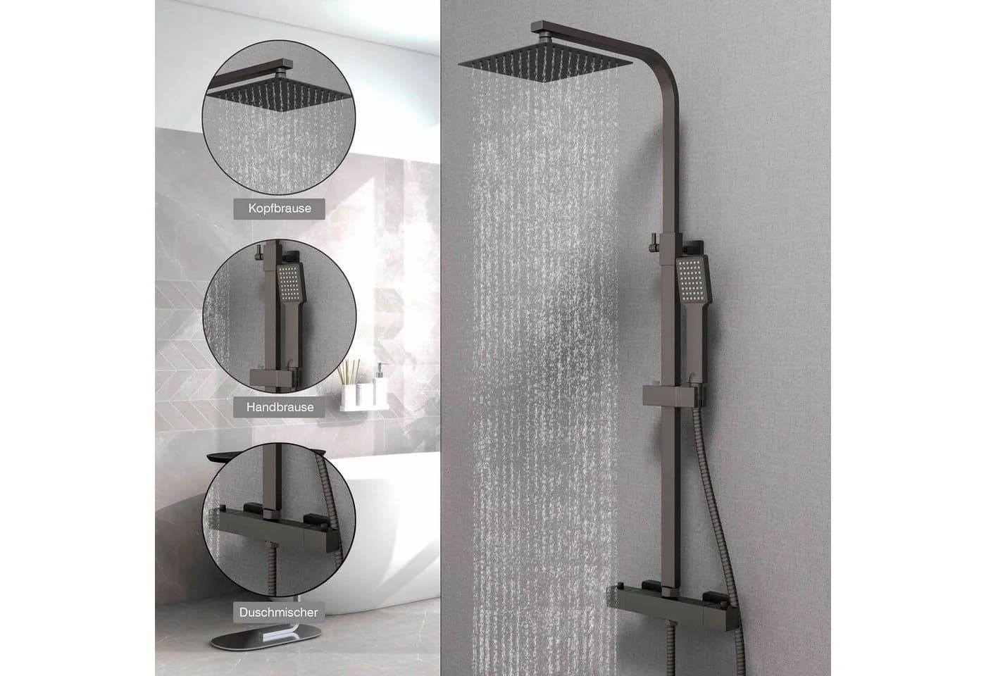 duschspa Duschsystem 20x20cm eckig Regendusche Chrom/Schwarz - Bild 2
