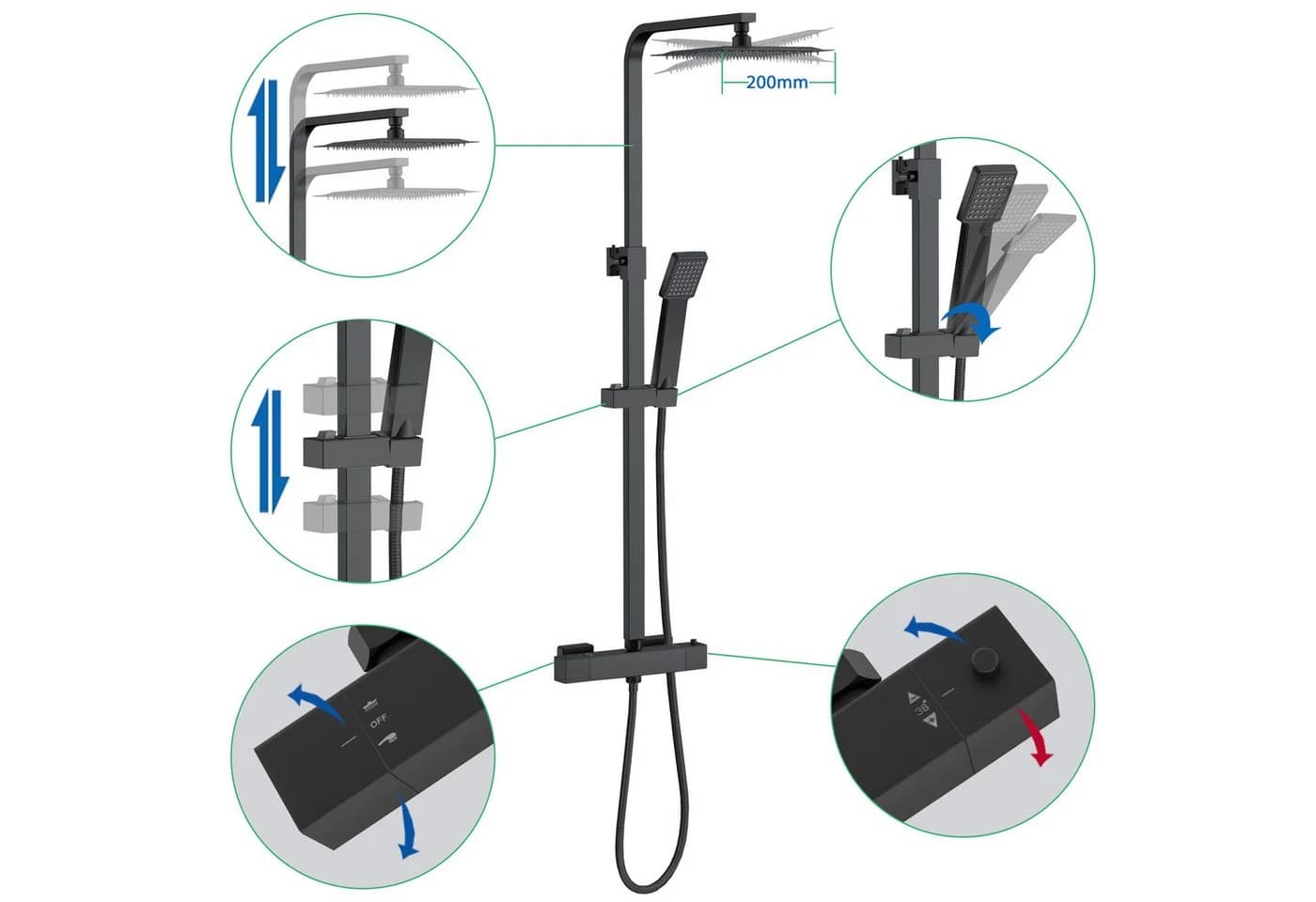 Aica Sanitär Duschsystem mit Thermostat Regendusche Schwarz - Bild 3