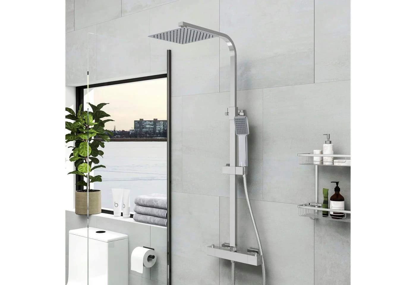 duschspa Duschsystem mit Thermostat 38°C verstellbare Duschstange Edelstahl Regendusche quadratisch 20x20cm