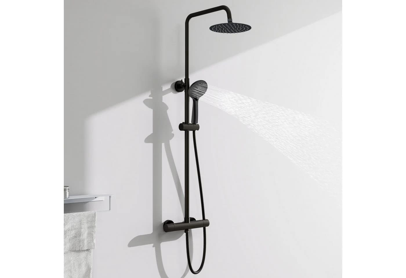 Aica Sanitär Duschsystem Thermostat mit Regendusche und Handbrause Schwarz