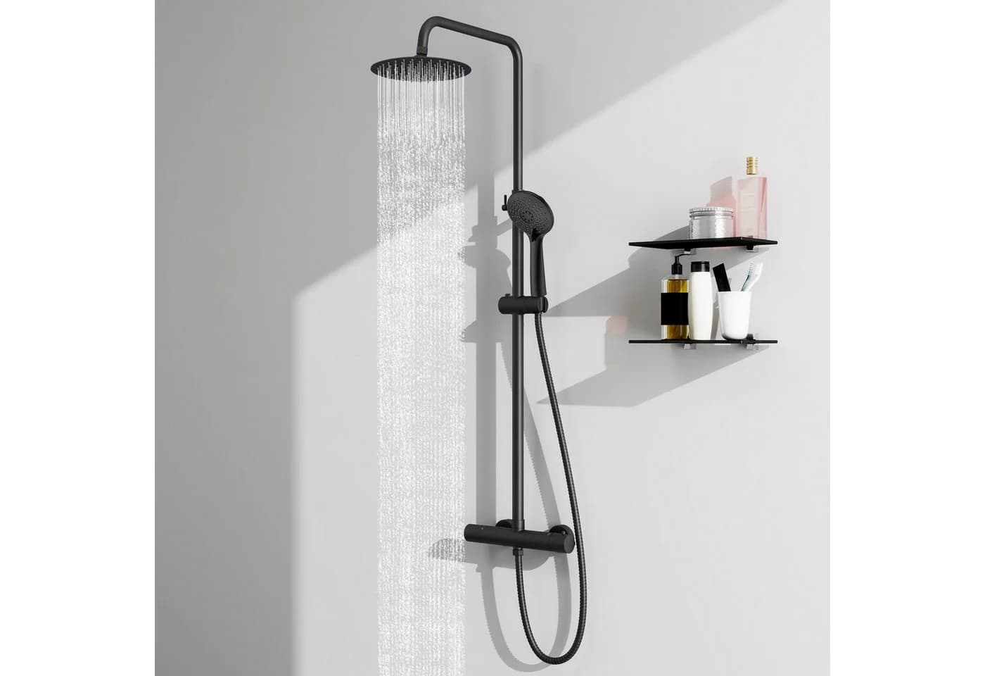 Aica Sanitär Duschsystem Thermostat mit Regendusche und Handbrause Schwarz - Bild 2