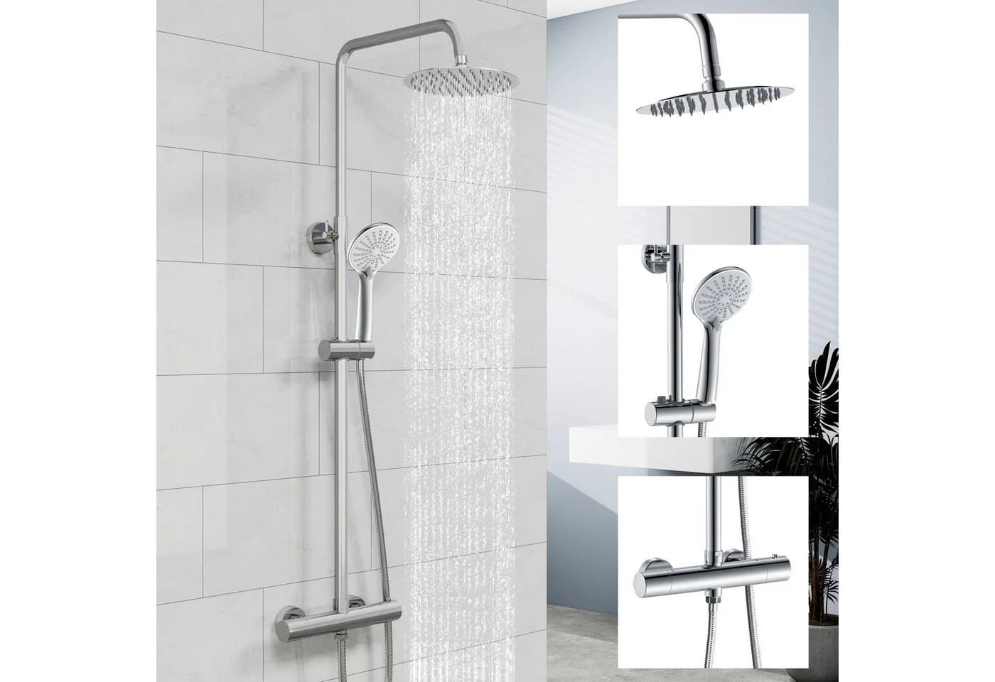 duschspa Duschsystem Regendusche mit Thermostat Edelstahl 8 Zoll Regenduschkopf, 2 Strahlarten, 3 Strahlarten Handbrause - Bild 2