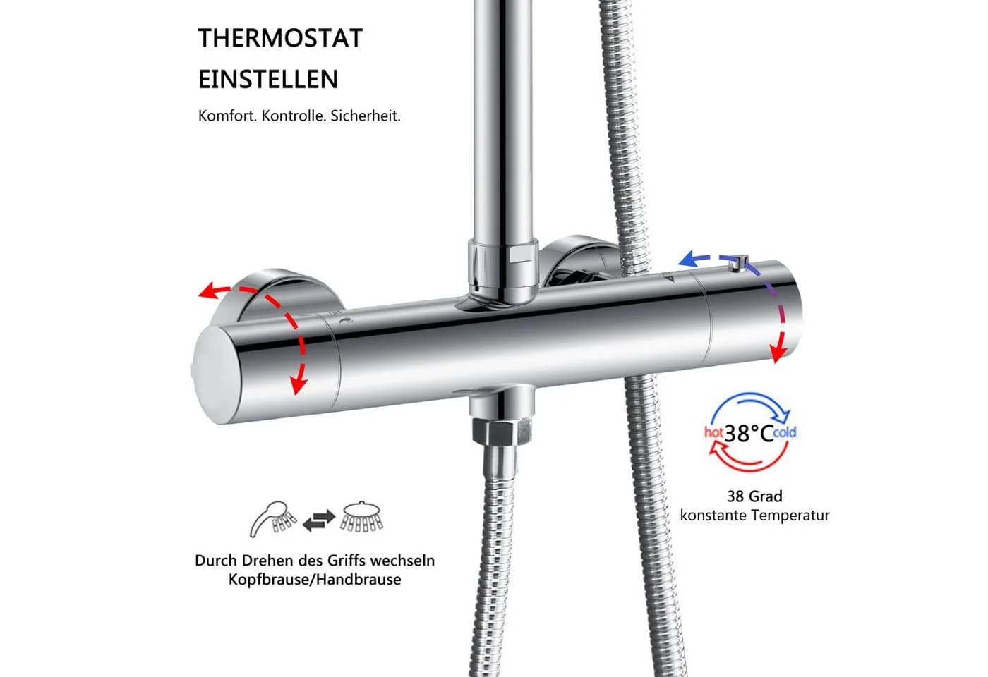 duschspa Duschsystem Regendusche mit Thermostat Edelstahl 8 Zoll Regenduschkopf, 2 Strahlarten, 3 Strahlarten Handbrause - Bild 5